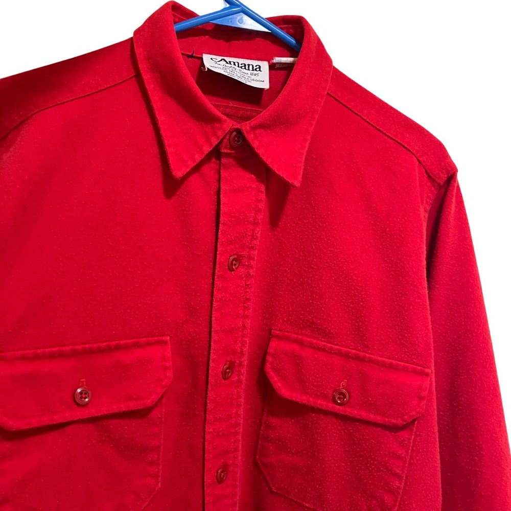 VTG Amana Woolen Mill Shirt Men Large Chamois Cotton Solid Red Long Sleeve - Picture 2 of 12